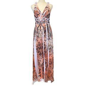 Chesley women's size medium maxi dress peach cream black tie back butterfly